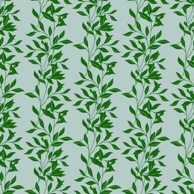 Narin yeşil yapraklar ve soluk mavi arkaplanda ince dallardan oluşan kusursuz vektör deseni organik büyüme ve sükunet hissi uyandırıyor..