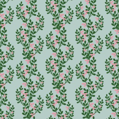 Yumuşak bir pastel mavi arkaplana karşı koyu yeşil dallar üzerinde narin pembe çiçekleri içeren kusursuz bir vektör deseni, nazik bir bahar botanik temasını çağrıştırıyor..