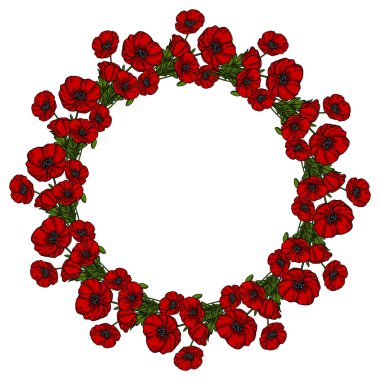 Çok sayıda detaylı kırmızı gelincik çiçeğinden oluşan canlı bir vektör çelengi koyu merkezli ve yemyeşil yapraklı, temiz beyaz arka plana karşı dairesel bir kompozisyonda düzenlenmiş..