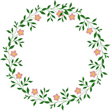 Beyaz arka planda yeşil yapraklı zarif pembe çiçekli çelenk vektör çerçevesi