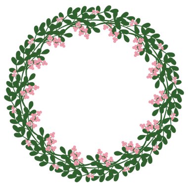 Çiçekli, yemyeşil yapraklı, narin, pembe çiçekli bir çelenk. İlkbahar ve Paskalya kutlamaları için mükemmel..