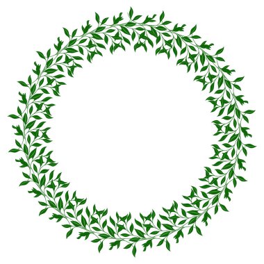 Dairesel bir çelenk oluşturan zarif yeşil yaprak sarmaşığı, dekoratif tasarım için vektör çizimi.