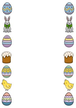 Bayram süslemeleri için mükemmel Paskalya yumurtaları, tavşanlar ve pastalardan oluşan simetrik bir düzenleme içeren şenlikli vektör çizimi.