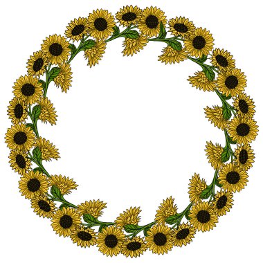 Detaylı koyu kahverengi merkezleri ve gür yeşil yaprak ve gövdelerle vurgulanmış parlak sarı yaprakları ile çiçek açan ayçiçeklerinden oluşan canlı dairesel bir çerçeve, neşeli bir yazı veya otou 'yu çağrıştırıyor....