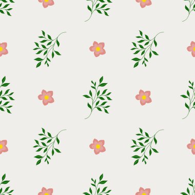 Narin pembe çiçekler ve yeşil yapraklar yumuşak, Bulut Dansçısı arka planında pürüzsüz bir vektör deseni oluşturur. Yumuşak bir bahar estetiğini çağrıştırır..