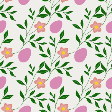 Narin pembe çiçeklerin ve yeşil yaprakların kusursuz vektör deseni Bulut Dansçısı arka planında yumuşak pembe paskalya yumurtalarıyla karışıyor..