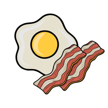 Mükemmel kızarmış bir yumurtanın, temiz beyaz bir arka planda sunulan ve klasik bir kahvaltıyı çağrıştıran iki dalgalı domuz pastırması şeridinin yanında harika bir vektör çizimi..