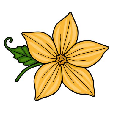 Yeşil yaprakları ve kıvrımlı bir gövdesi olan canlı bir sarı vektör çiçeği, beyaz arka planda izole edilmiş, botanik çizimler sergiliyor..