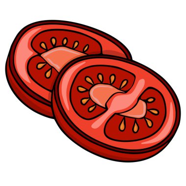 Görünür tohum ve hamurla birlikte iki sulu domates diliminin canlı vektör çizimi, temiz beyaz bir arkaplanda sunulmaktadır..