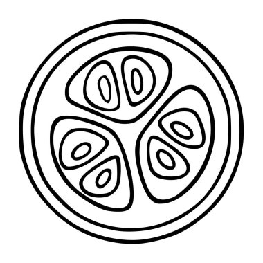 Bir meyve veya sebzenin organik, düzensiz tohum benzeri şekillere sahip bir kesitinin basit siyah-beyaz soyut vektör çizimi.