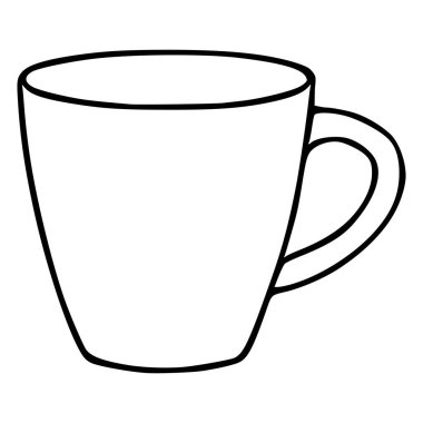 Beyaz arka planda izole edilmiş, klasik bir içecek kabını temsil eden seramik kahve fincanının basit siyah çizgi çizgisi çizimi..