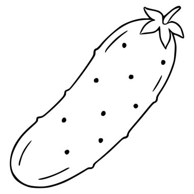 Minimalist siyah-beyaz vektör çizimi, tohumlu salatalık ve yıldız şeklinde bir kök..