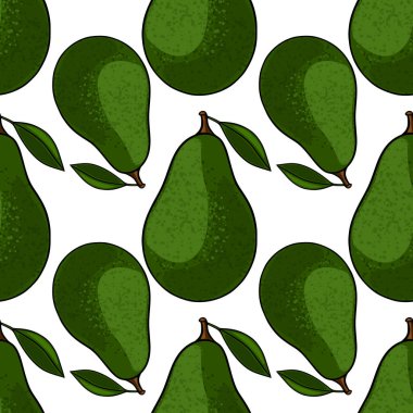 Yapraklı taze yeşil avokadoların kusursuz vektör deseni canlı, doğal bir doku ve yiyecekle ilgili tasarımlar için temiz ve modern bir estetik sergiliyor..