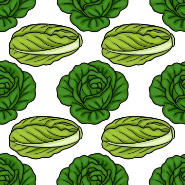 Parlak yeşil marul başlıkları ve temiz beyaz bir arka planda koyu siyah çizgiler içeren kusursuz vektör deseni aşçılık ve sağlık temalı tasarımlar için mükemmeldir..