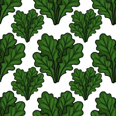 Temiz beyaz bir arka plana karşı koyu siyah çizgileri olan biçimlendirilmiş yeşil marul yaprakları içeren kusursuz bir vektör deseni yeni ve sağlıklı bir mutfak temasını çağrıştırıyor..