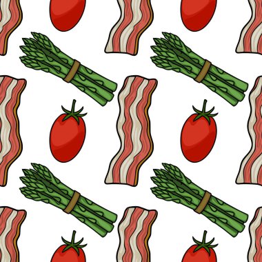 Taze yeşil kuşkonmaz demetleri, olgun kırmızı domatesler ve lezzetli pastırma şeritleri içeren hoş bir vektör deseni. Temiz beyaz arka planda, yemek için mükemmel....