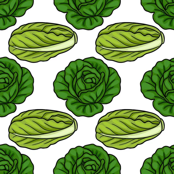 Parlak yeşil marul başlıkları ve temiz beyaz bir arka planda koyu siyah çizgiler içeren kusursuz vektör deseni aşçılık ve sağlık temalı tasarımlar için mükemmeldir..