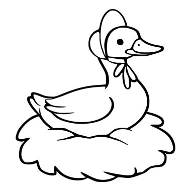 Çocuk kitapları ve çiftlik temaları için mükemmel olan bir ördek yavrusunun başlık takıp bir yuvada oturmasının sevimli vektör çizimi.