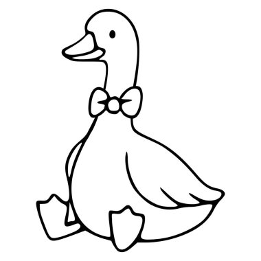 Büyüleyici siyah beyaz bir ördek tasviri. Papyon takmış, ayakları açıkta oturan sevimli bir ördek..