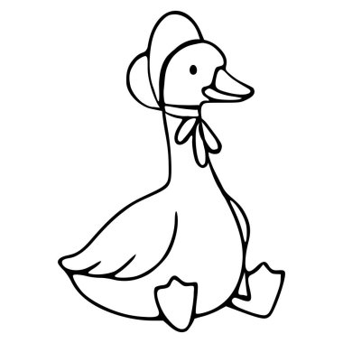 Beyaz arka planda oturan, başlık ve fiyonk takan sevimli bir kazın çekici vektör çizimi.