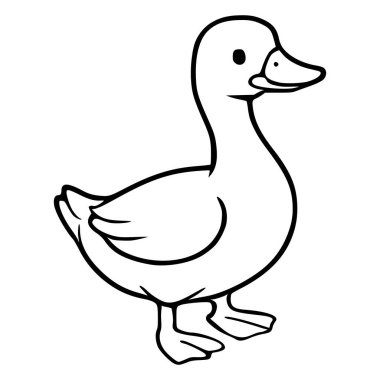 Siyah hatları ve beyaz dolgusu olan sevimli bir ördek yavrusunun büyüleyici, basit bir çizimi, çocuk kitapları ve eğitim malzemeleri için mükemmel..