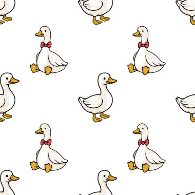 Kırmızı papyon takan sevimli beyaz kazlar tuhaf tasarımlar için kusursuz bir vektör deseni oluşturuyorlar..