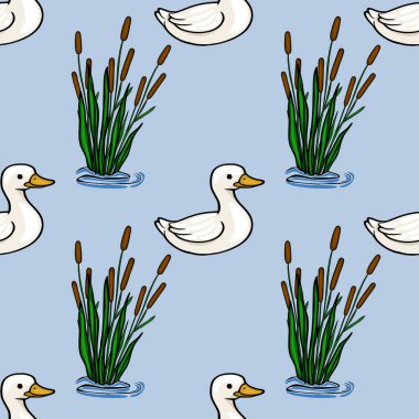 Tatlı beyaz ördeklerin pürüzsüz vektör desenleri, sakin mavi sularda kuyruklar arasında yüzüyor, basit, büyüleyici bir çizgi film tarzında..