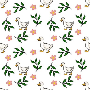 Şirin çizgi film ördekleri, narin pembe çiçekler ve temiz beyaz arka planda gür yeşil yapraklar içeren tuhaf vektör deseni neşeli ve masum bir bahar atmosferini çağrıştırıyor..