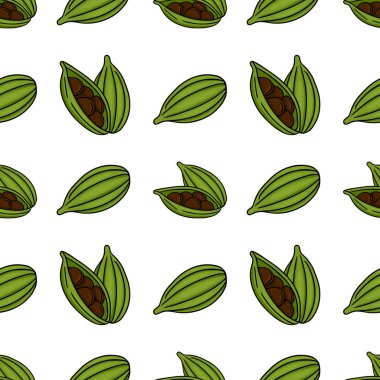 Tarzlı yeşil kakule podları içeren kusursuz vektör deseni görünür kahverengi tohumlar, beyaz bir arka planda temiz, resimsel bir tarzda yapılmış.