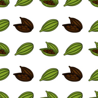 Yeşil ve kahverengi kakule kabuklarından oluşan kusursuz vektör deseni görünür tohumlar, aşçılık ve baharat temalı arka planlar için mükemmel..