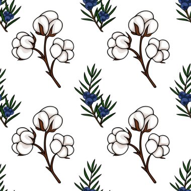 Pofuduk pamuk topları ve ardıç dalları üzerinde koyu mavi böğürtlenler, pürüzsüz bir beyaz arka plan üzerine kurulmuş.