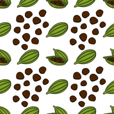 Canlı yeşil kakule kapsülleri ve dağınık kahverengi tohumlar içeren kusursuz bir vektör deseni var. Mutfak ya da botanik temalar için mükemmel..