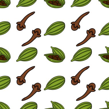 Yeşil kakule kabukları ve beyaz arkaplanlı kahverengi karanfillerden oluşan kusursuz vektör deseni..