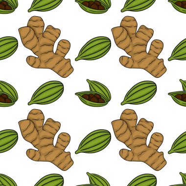Ginger kökleri ve yeşil kakule podlarının şekillendirilmiş resimlerini içeren pürüzsüz vektör deseni, temiz beyaz bir arkaplan üzerine kuruludur..