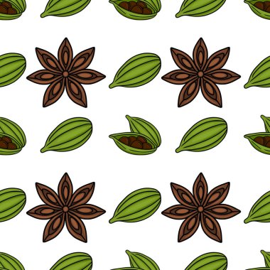 Elle çizilmiş yeşil kakule kapsülleri ve kahverengi yıldız anason baharat elementlerini içeren kusursuz vektör deseni beyaz arka planda, mutfak ve dekoratif uygulamalar için mükemmel.