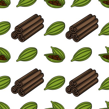 Tarçın çubuklarının kusursuz vektör deseni ve beyaz arka planda kalın çizgileri olan kakule kapsülleri..