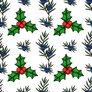 Kırmızı böğürtlenli şenlikli kutsal dallar ve mavi böğürtlenli ardıç dalları içeren kusursuz vektör deseni, temiz beyaz bir arkaplan üzerine kurulmuş, doğal, mevsimsel ve dekoratif bir temayı çağrıştırıyor.
