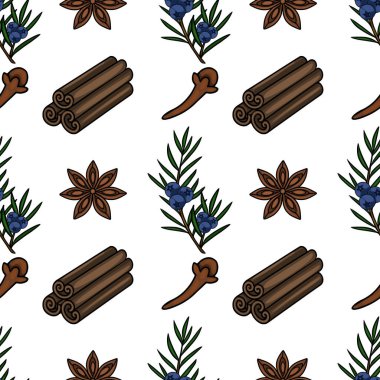 Şekillendirilmiş ardıç meyveleri, yıldız anason, tarçın çubukları ve beyaz arkaplanda karanfiller içeren kusursuz vektör deseni..