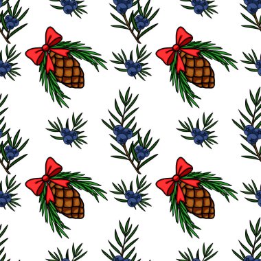 Kırmızı yaylar ve ardıç meyveleriyle süslenmiş çam kozalakları içeren, mükemmel, pürüzsüz bir vektör deseni..