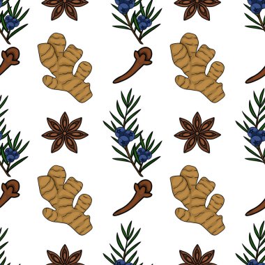 Zencefil, yıldız anasonu, ardıç meyvesi ve karanfil de dahil olmak üzere aşçılık baharatlarının kusursuz vektör deseni..