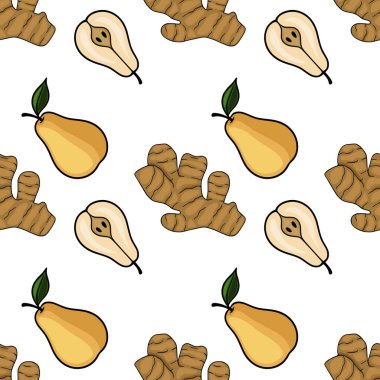 Zencefil kökleri ile birlikte bütün ve yarı yarıya armut içeren canlı bir vektör deseni, aşçılık veya sağlıkla ilgili konular için taze ve doğal bir arka plan oluşturur..