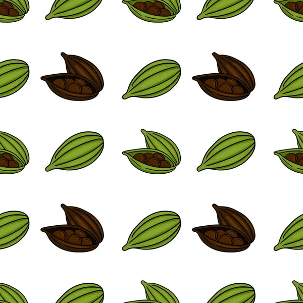 Yeşil ve kahverengi kakule kabuklarından oluşan kusursuz vektör deseni görünür tohumlar, aşçılık ve baharat temalı arka planlar için mükemmel..