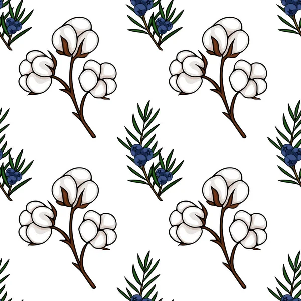 Pofuduk pamuk topları ve ardıç dalları üzerinde koyu mavi böğürtlenler, pürüzsüz bir beyaz arka plan üzerine kurulmuş.