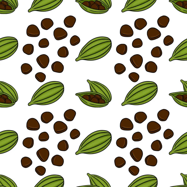 Canlı yeşil kakule kapsülleri ve dağınık kahverengi tohumlar içeren kusursuz bir vektör deseni var. Mutfak ya da botanik temalar için mükemmel..