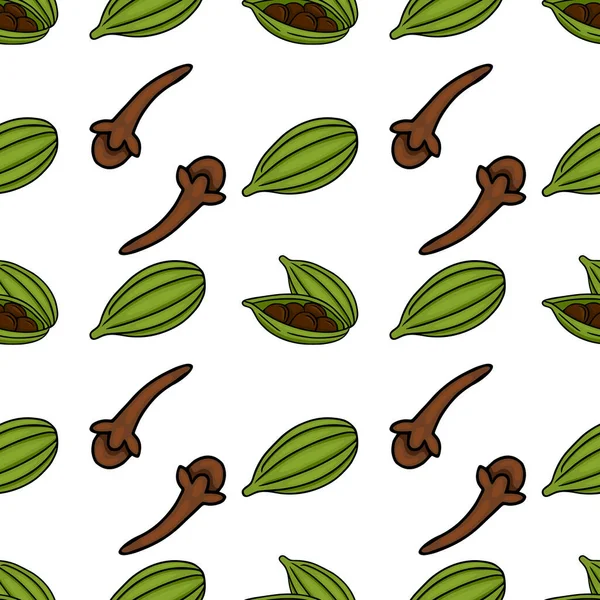 Yeşil kakule kabukları ve beyaz arkaplanlı kahverengi karanfillerden oluşan kusursuz vektör deseni..