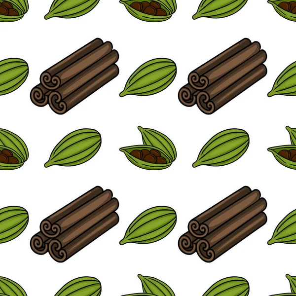 Tarçın çubuklarının kusursuz vektör deseni ve beyaz arka planda kalın çizgileri olan kakule kapsülleri..