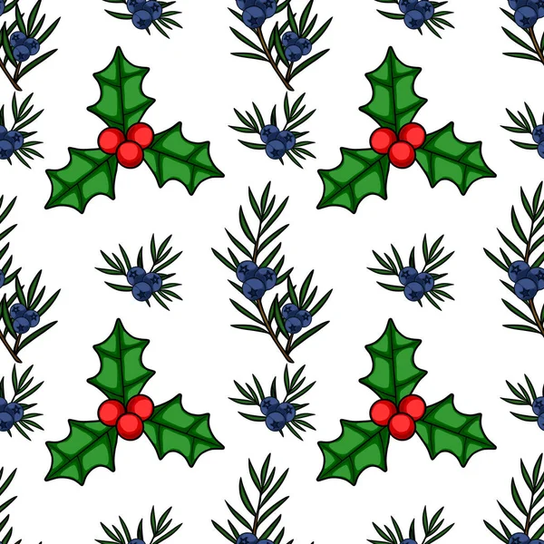 Kırmızı böğürtlenli şenlikli kutsal dallar ve mavi böğürtlenli ardıç dalları içeren kusursuz vektör deseni, temiz beyaz bir arkaplan üzerine kurulmuş, doğal, mevsimsel ve dekoratif bir temayı çağrıştırıyor.