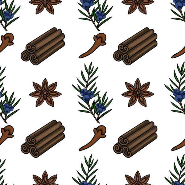 Şekillendirilmiş ardıç meyveleri, yıldız anason, tarçın çubukları ve beyaz arkaplanda karanfiller içeren kusursuz vektör deseni..