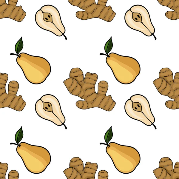 Zencefil kökleri ile birlikte bütün ve yarı yarıya armut içeren canlı bir vektör deseni, aşçılık veya sağlıkla ilgili konular için taze ve doğal bir arka plan oluşturur..