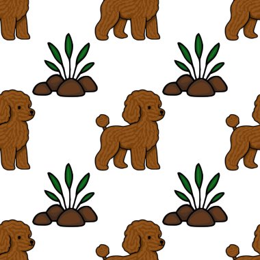 Çekici vektör deseni, beyaz arka planda stilize edilmiş yeşil yapraklar ve toprak kahverengi kayalar arasında neşeli kahverengi kanişler barındırıyor. Tuhaf tasarımlar için mükemmel..